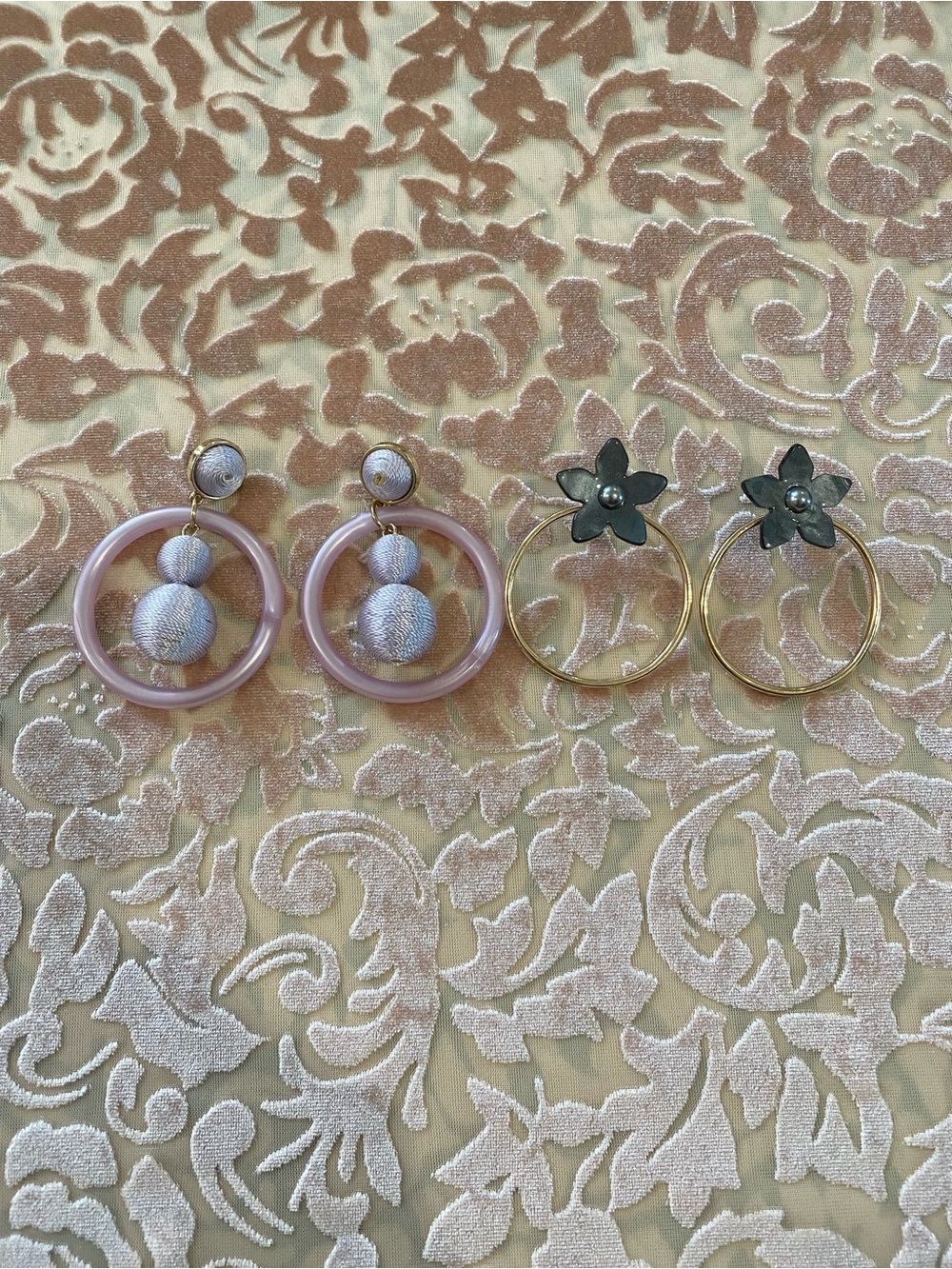 Anthropologie Glam Earring Set - Purple Hoop Drop & Gold Hoops W/ Black Flower